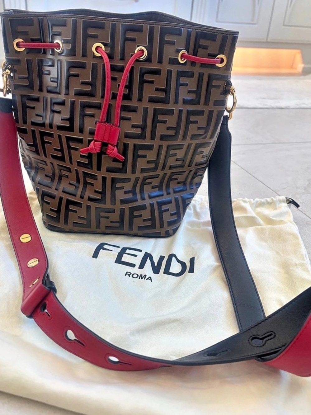 Fendi Mon Tresor Mini Bucket Bag Brown & Red